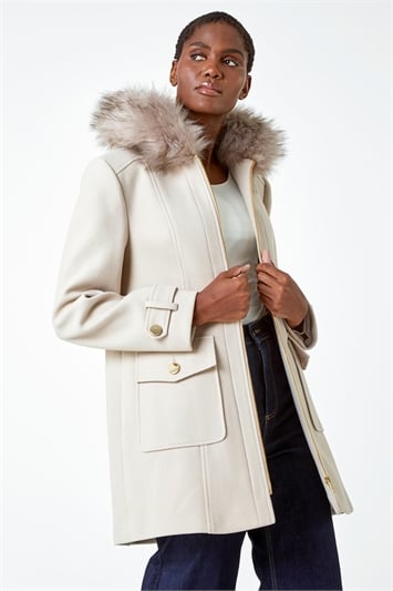 Cream Faux Fur Collar Smart Coat