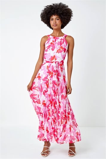 Pink Floral Pleated Halter Neck Maxi Dress