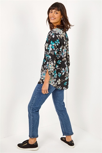 Teal Floral Print Notch Neck Stretch Shirt, Image 2 of 5