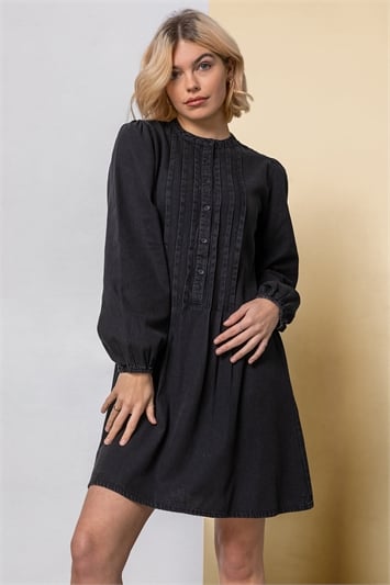 Black Pintuck Detail Denim Shirt Dress