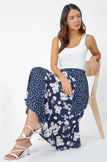 Blue Mixed Floral Spot Print Midi Skirt
