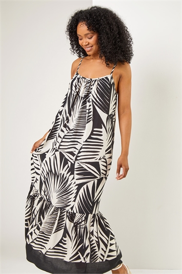 Black Tropical Print Tiered Maxi Dress