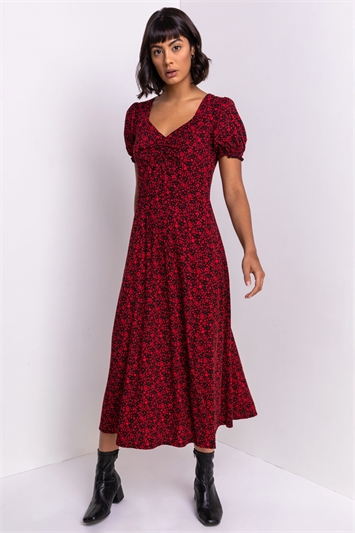 Red Ditsy Floral Jersey Midi Dress, Image 3 of 5