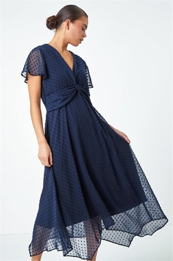 Blue Petite Textured Spot Twist Front Midi Dress