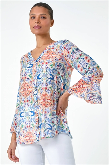 Blue Abstract Floral Frill Sleeve Top