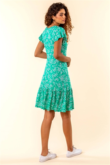 Green Floral Print Wrap Tea Dress, Image 2 of 4