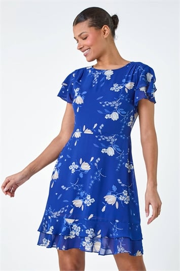 Blue Floral Print Frill Detailed Skater Dress