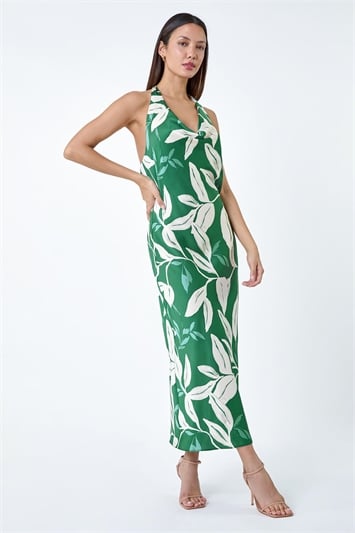 Green Floral Print Satin Bias Cut Dress