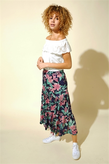 Navy Tropical Floral Tiered Midi Skirt, Image 3 of 4