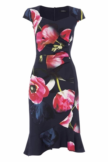 Navy Floral Frill Premium Stretch Dress, Image 4 of 4