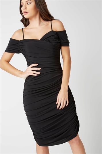 Off the Shoulder Ruched Waist Dress in Black - Roman Originals UK