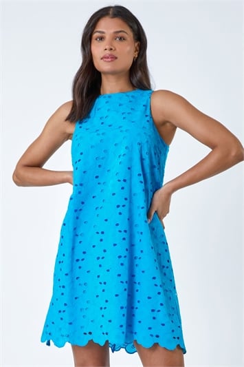 Blue Cotton Embroidery Detail Shift Dress