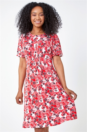 Red Petite Floral Stretch Tea Skater Dress