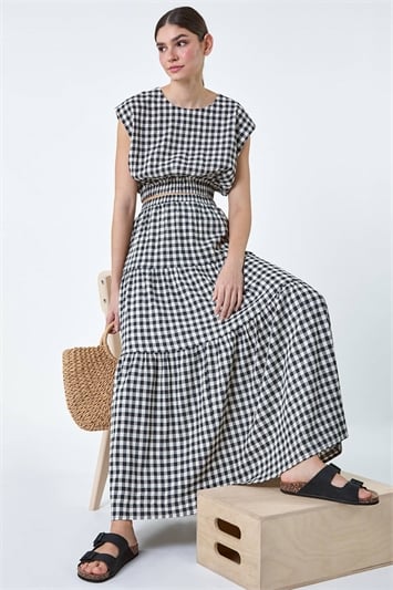 Black Gingham Check Tiered Maxi Skirt