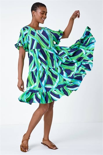 Green Abstract Print Tiered Smock Dress