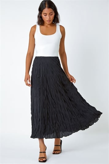 Black Textured Crinkle Midi Skirt