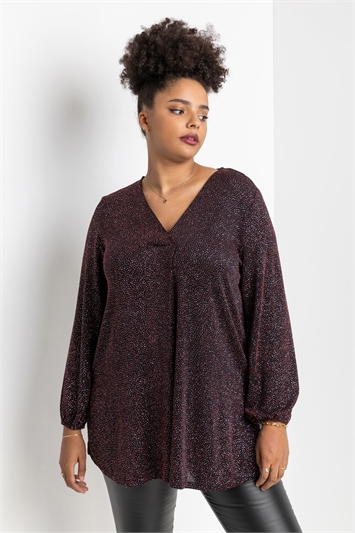 Red Curve Pleat Front Shimmer Tunic Top