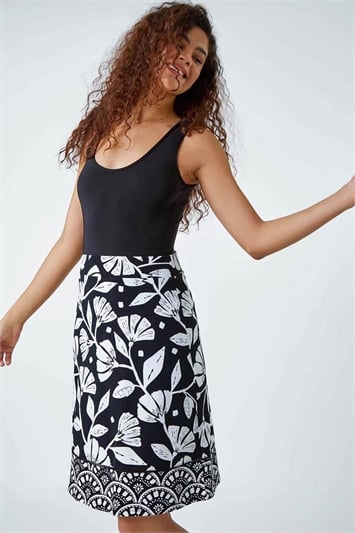 Black Cotton Blend Floral Stretch Skirt