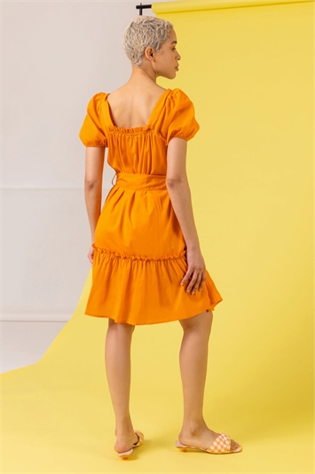 Orange Puff Sleeve Tiered Square Neck Dress, Image 2 of 5