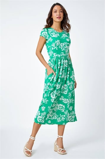 Green Floral Print Midi Stretch Dress