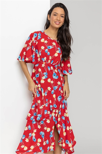 Red Floral Print Chiffon Midi Dress, Image 3 of 5