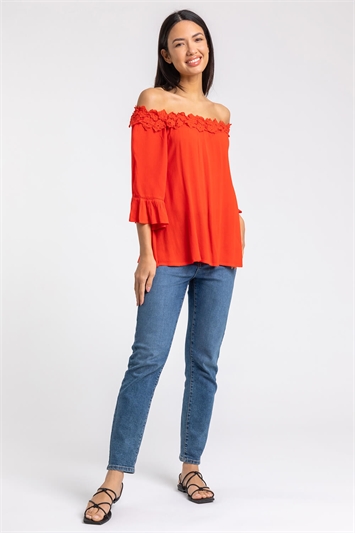 Red Lace Trim Bardot Top, Image 3 of 5