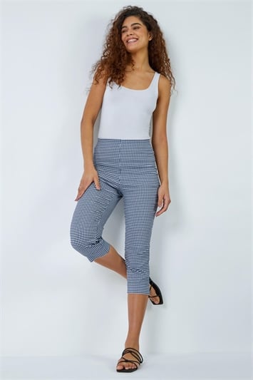 Blue Gingham Cropped Stretch Trouser