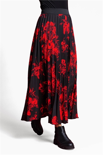 Red Floral Print Pleated Maxi Skirt, Image 1 of 4