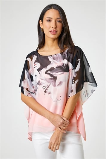 Pink Floral Border Print Overlay Top