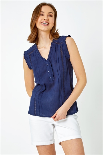 Blue Ruffle Detail Cotton Crinkle Top