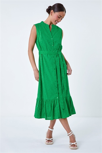 Green Petite Cotton Broderie Frill Midi Dress
