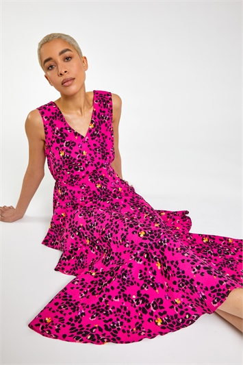 Pink Abstract Animal Print Tiered Midi Dress, Image 1 of 4