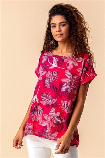Red Floral Print Cap Sleeve Top, Image 1 of 4