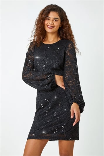 Black Sequin Detail Lace Shift Stretch Dress