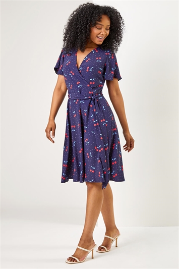 Navy Petite Cherry Spot Print Wrap Dress, Image 2 of 5