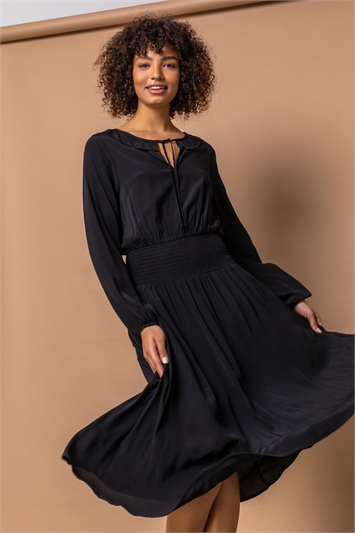 Black Shirred Ruffle Neck Midi Dress