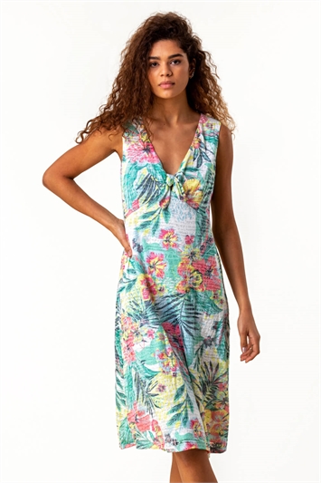 Green Burnout Tropical Print Stretch Dress