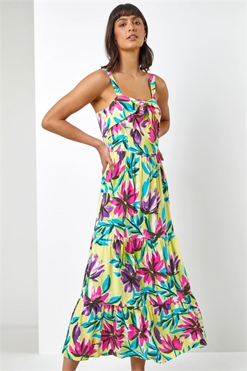 Lime Floral Print Tiered Knot Dress, Image 4 of 5