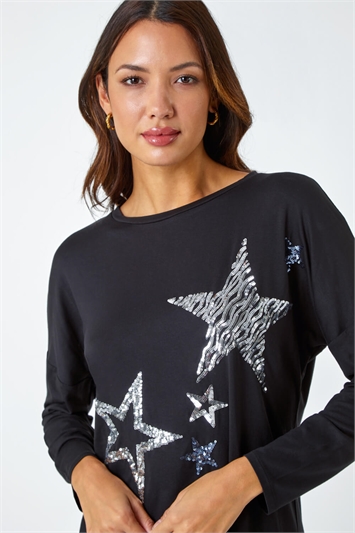 Multi Sequin Star Print Tunic Stretch Top