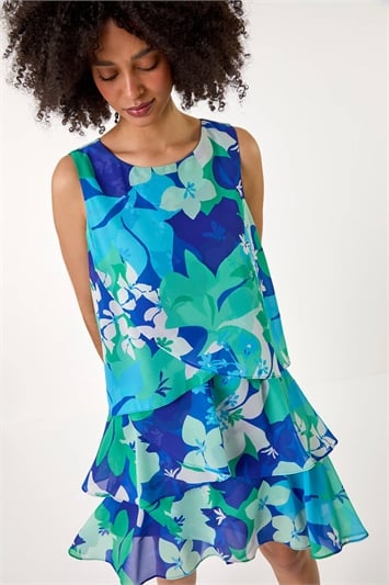 Blue Floral Print Tiered Layer Dress