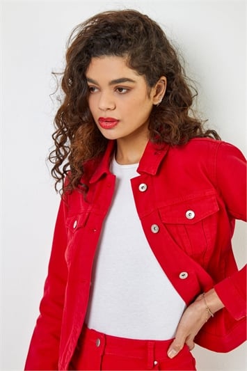 Red Classic Washed Denim Jacket, Image 1 of 5