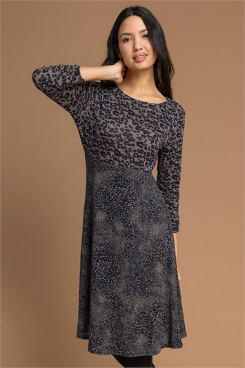 Taupe Contrast Animal Fit & Flare Dress