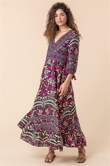 Magenta Floral Border Print Maxi Dress, Image 3 of 5