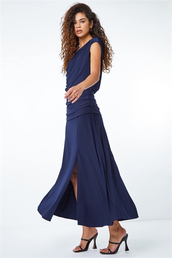 Blue Cowl Neck Ruched Maxi Dress