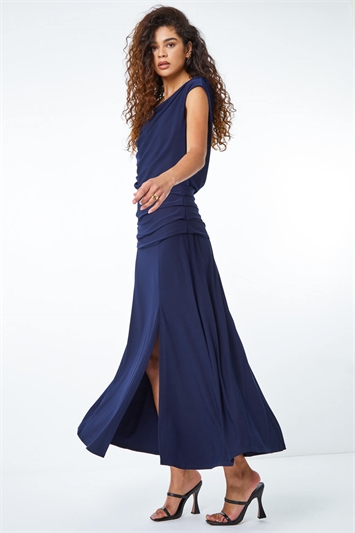 Navy Cowl Neck Ruched Maxi Dress 