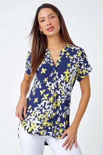 Yellow Floral Puff Print Pleat Front Top