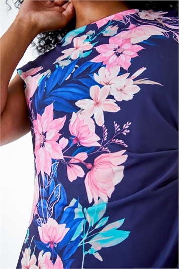 Navy Petite Floral Print Ruched Midi Dress, Image 5 of 5