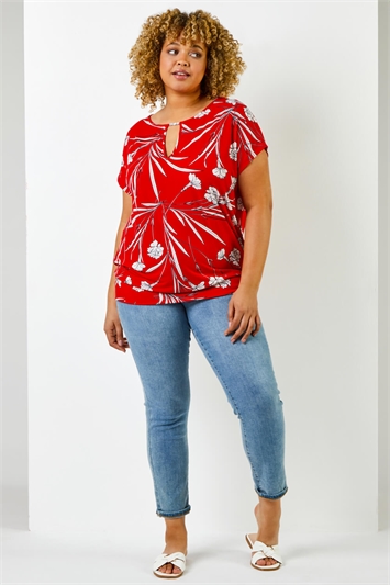 Red Curve Floral Print Keyhole Detail Top, Image 3 of 5
