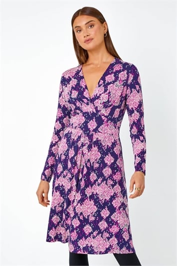 Purple Abstract Aztec Gathered Stretch Dress