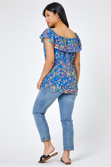 Blue Petite Ditsy Floral Bardot Top, Image 2 of 5